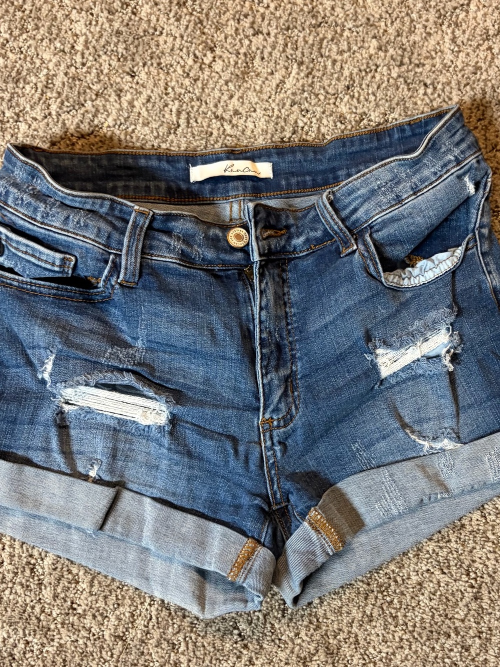 KanCan Medium Blue Distressed Rolled-Hem Denim Shorts
